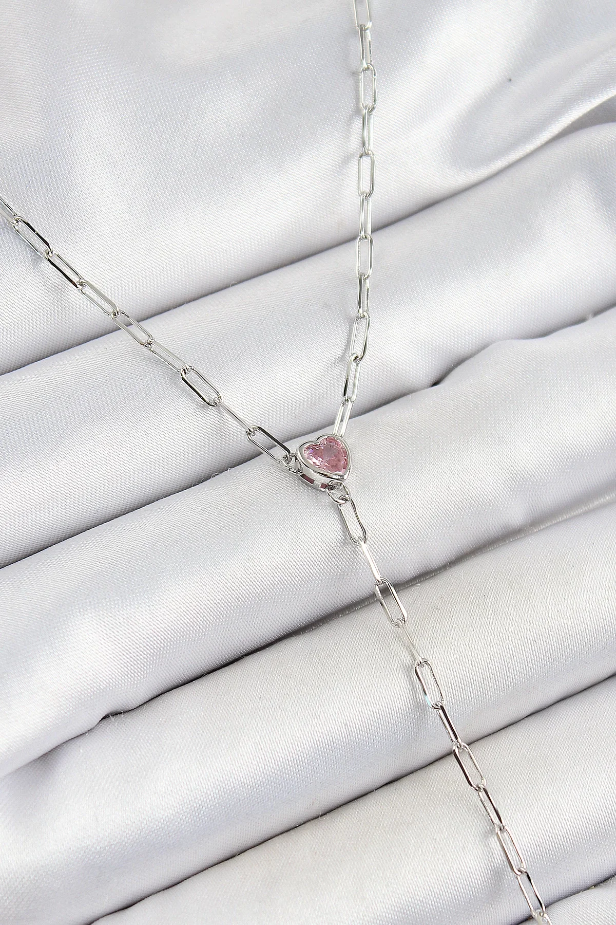İthalat® Pirinç Zirkon Taşlı Pembe Kalp Figürlü Y Model Gümüş Renk Kadın Kolye