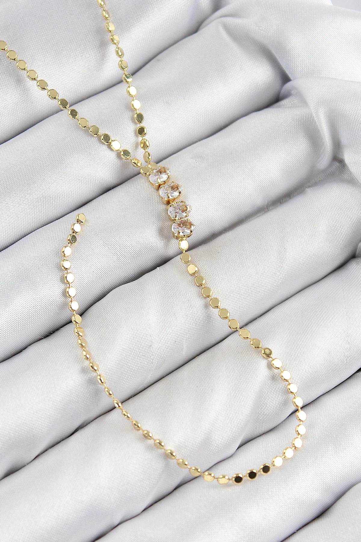İthalat® Pirinç Zirkon Taşlı Ezme Zincirli Model Gold Renk Y Kolye