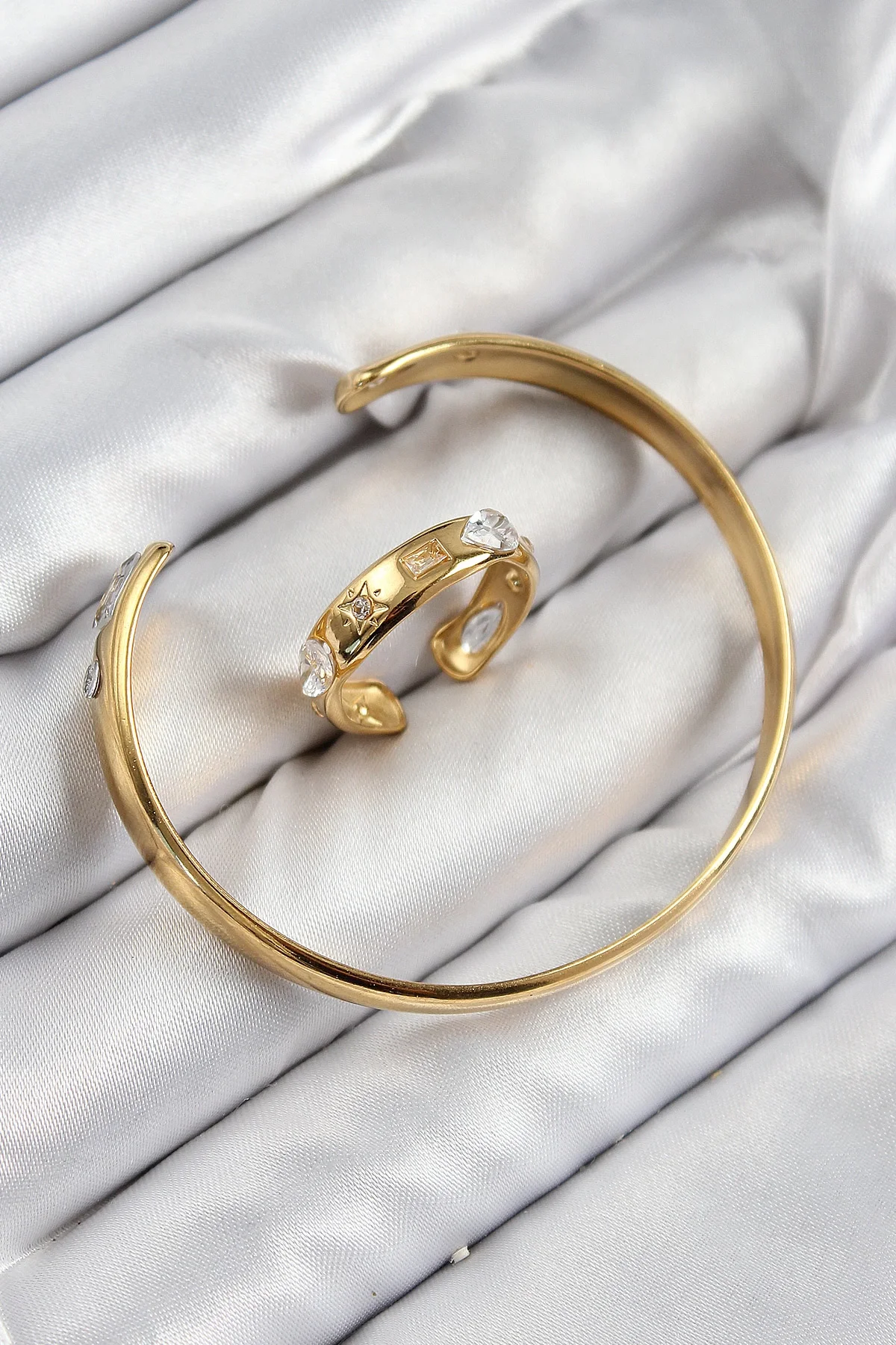 İthalat® Pirinç Zirkon Taşlı Ayrık Model Gold Renk Bileklik Yüzük Set
