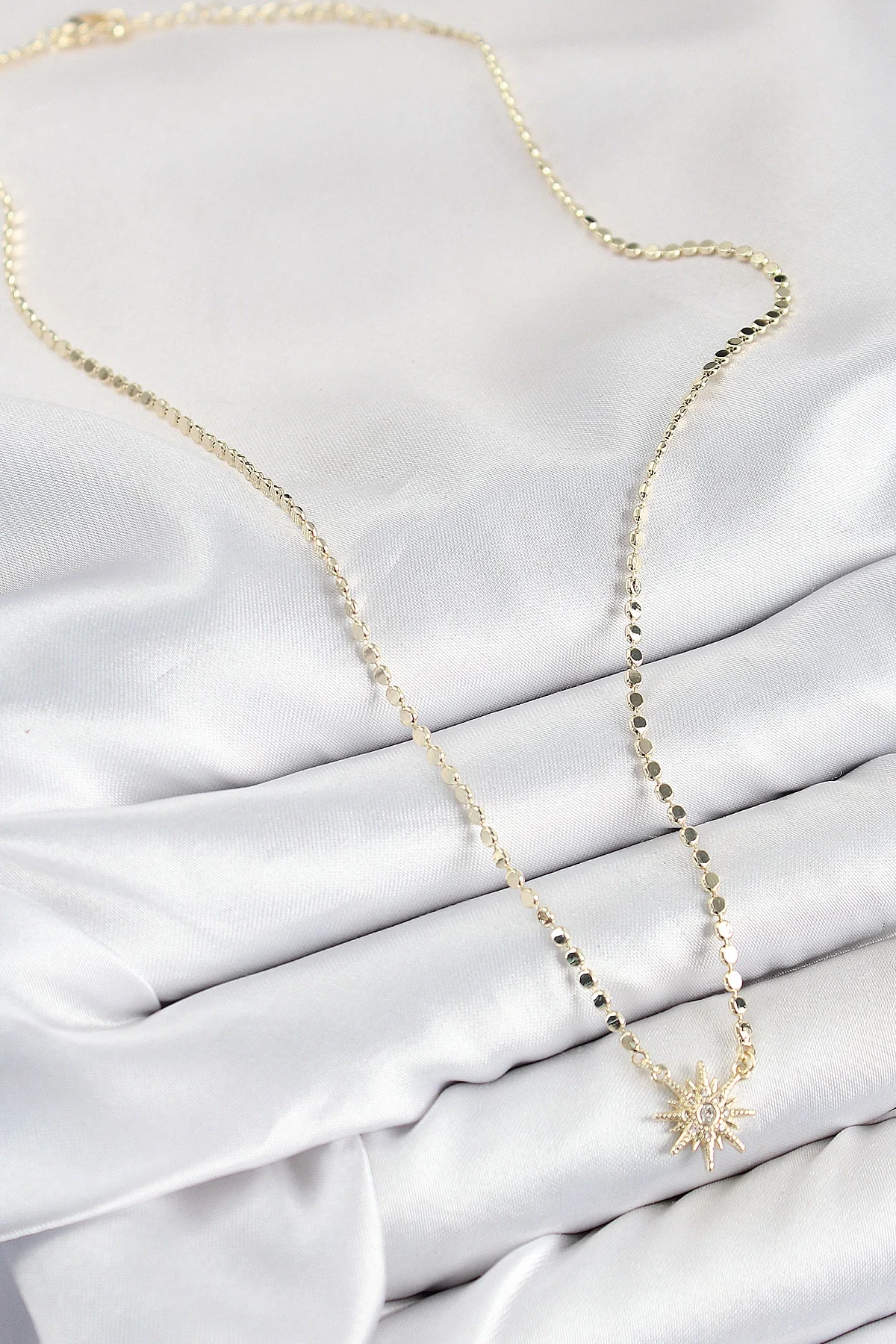 İthalat® Pirinç Zirkon Taşlı Kutup Yıldızı Model Ezme Zincir Gold Renk Kadın Kolye