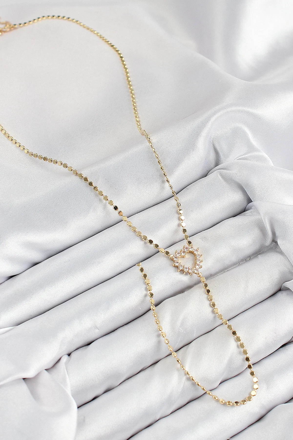 İthalat® Pirinç Zirkon Taşlı Ezme Zincirli Kalp Model Gold Renk Y Kolye