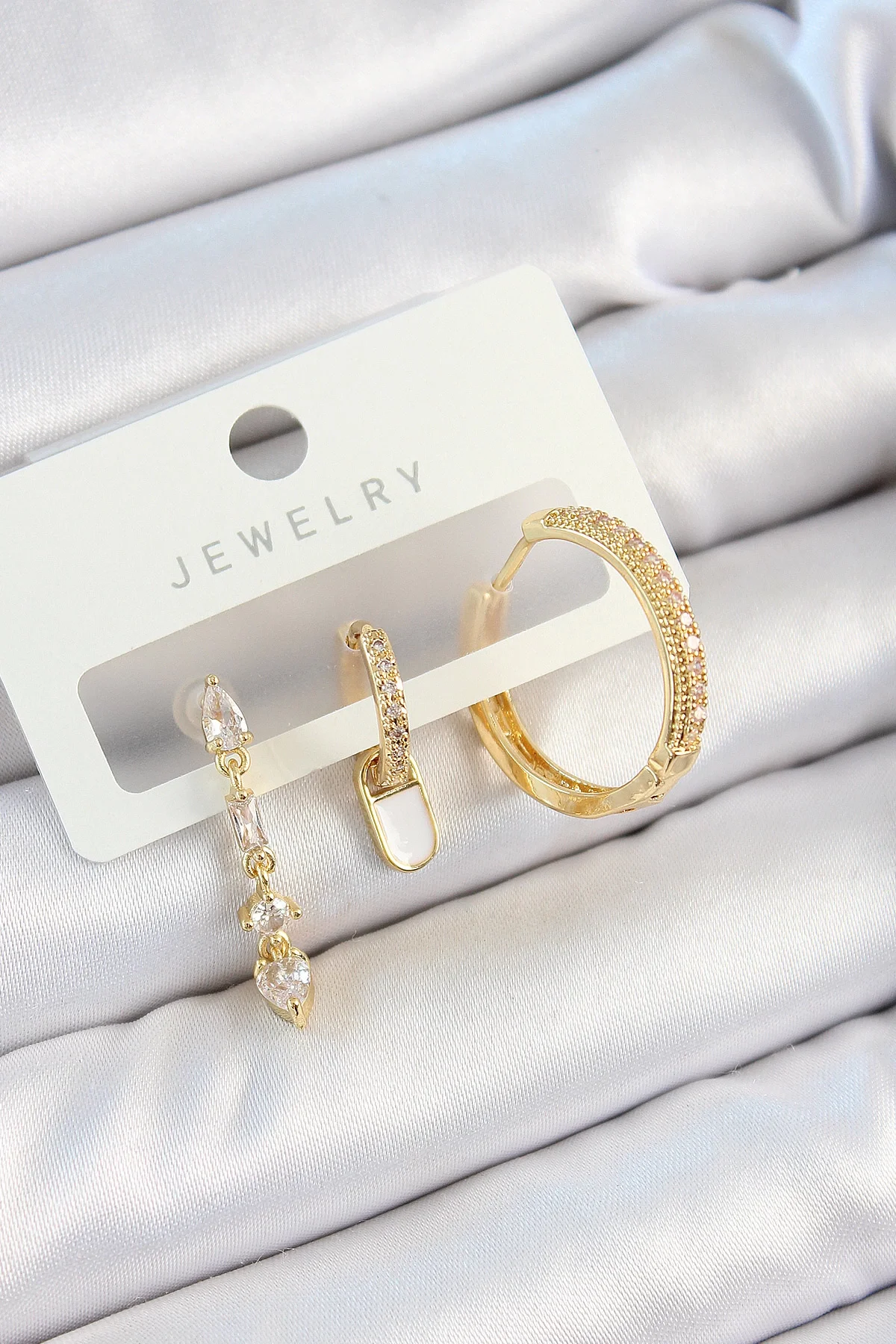 İthalat® Pirinç Zirkon Taşlı Sallantılı Model Gold Renk 3'lü Çift Kadın Küpe Set