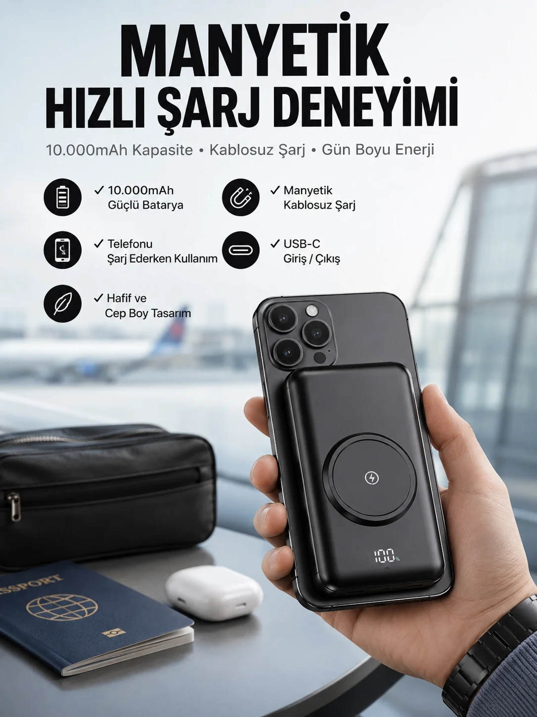 İthalat® Powerbank Taşınabilir 10.000 Mah Hızlı Şarj Dijital Göstergeli