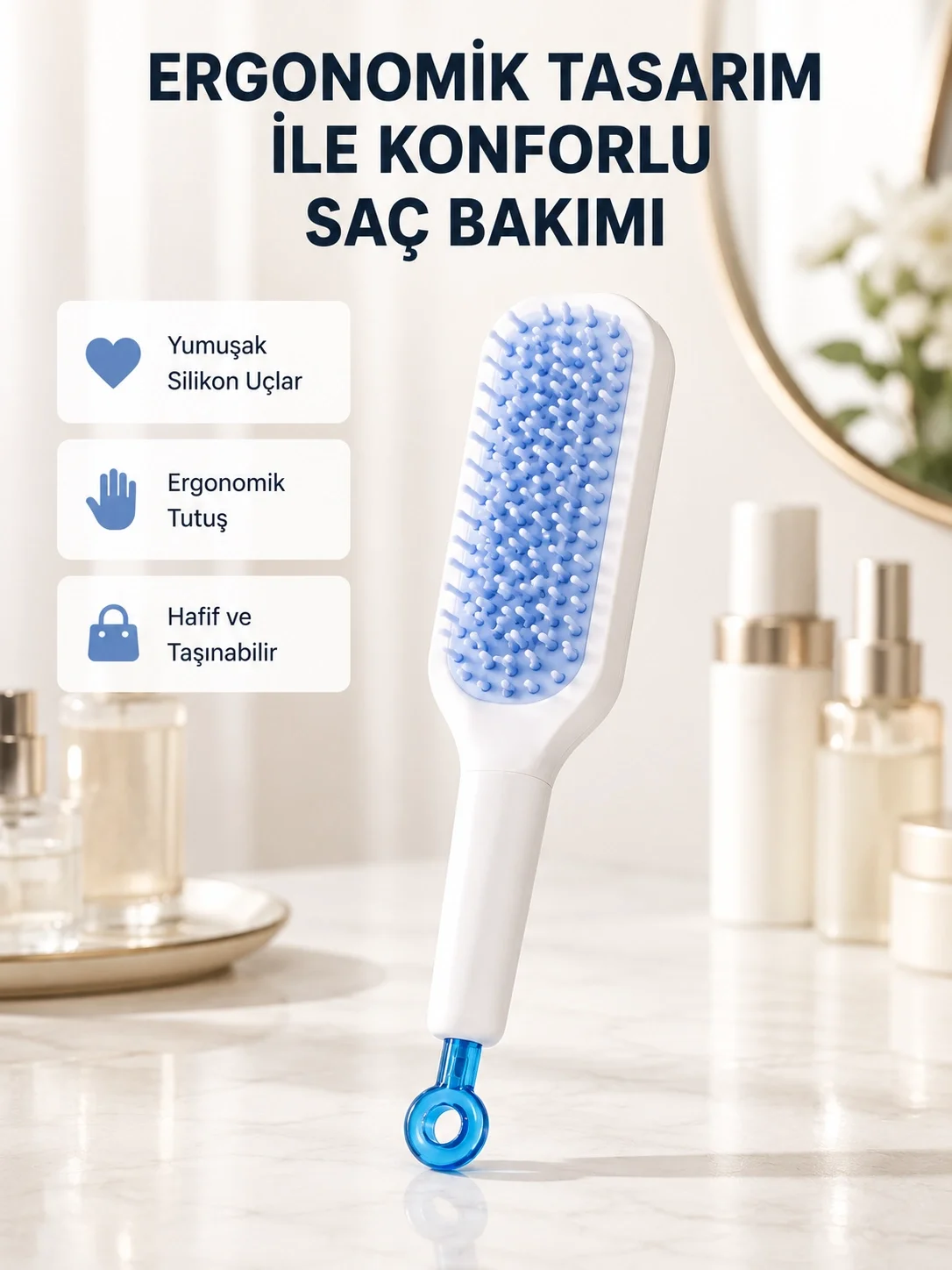 İthalat® Pratik Mekanizmalı Saç Tarağı – Kendi Kendini Temizler, Taşınabilir