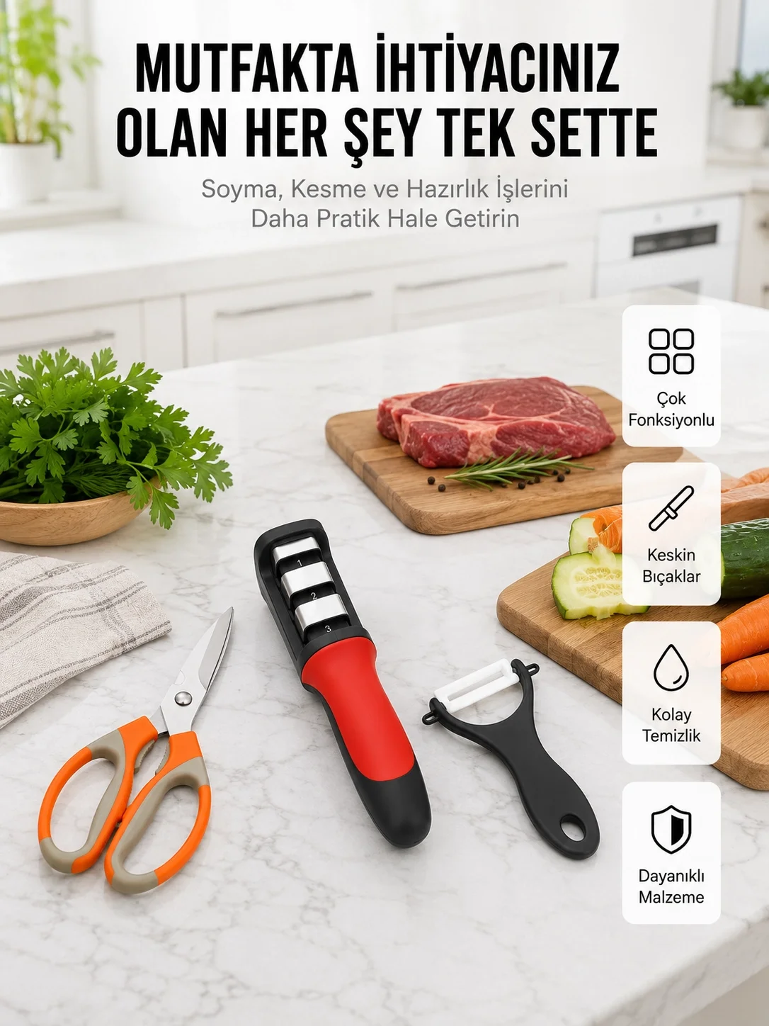 İthalat® Profesyonel Mutfak Makas Seti –  Kesim Makası + Soyacak + Bileyici Yeni Nesil