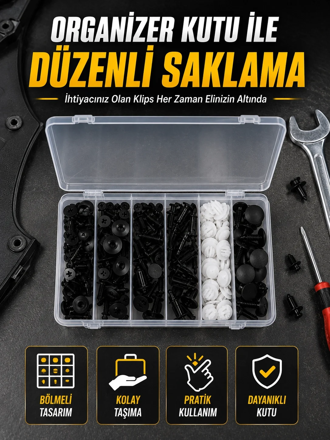 İthalat® Profesyonel Oto Klips Tamir Seti 6 Farklı Model Plastik Sabitleme Pimi Organizer Kutulu