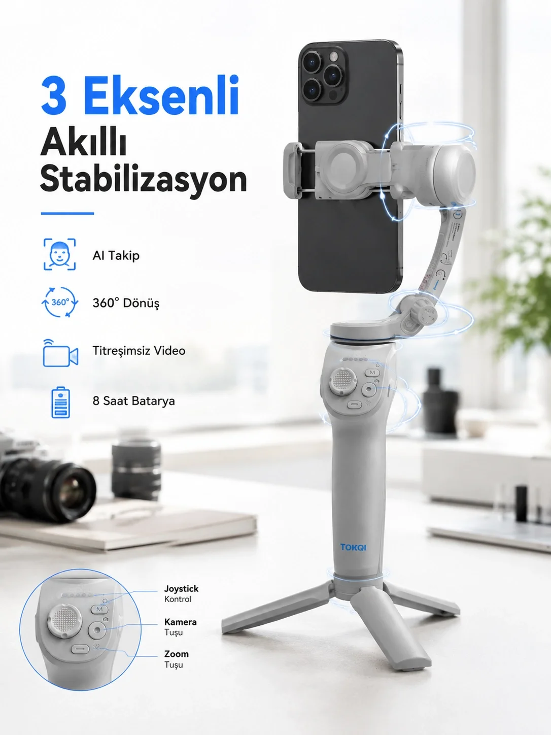 İthalat® Profesyonel Telefon Gimbal Stabilizer 3 Eksen Sabitleme Çoklu Çekim Modları Uzun Pil Ömürlü Taşınabilir Tasarım