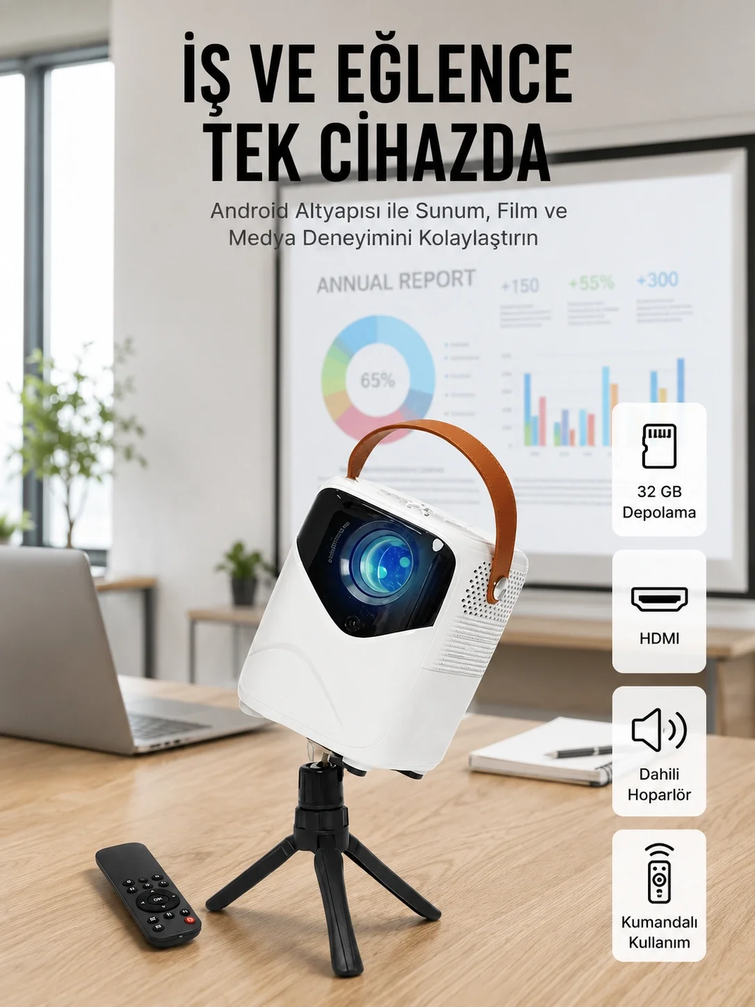 İthalat® Projeksiyon Ev Sineması Bluetooth 4k HD Kaliteli Görüntü Kumandalı