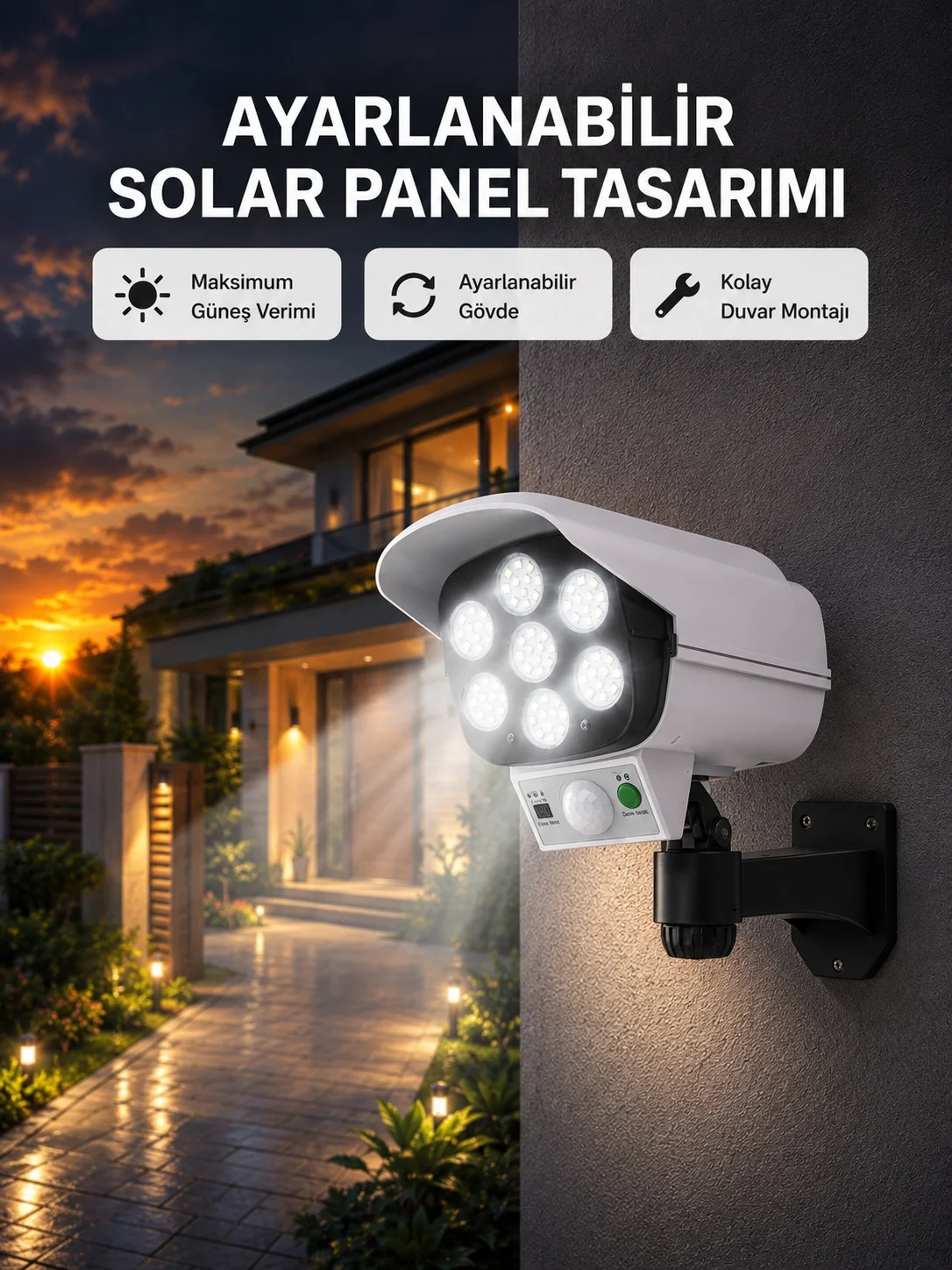 İthalat® PVC+PC Malzemeli, 2'si 1 Arada Güvenlik Lambası – Ayarlanabilir Başlık ve Panel Açısı