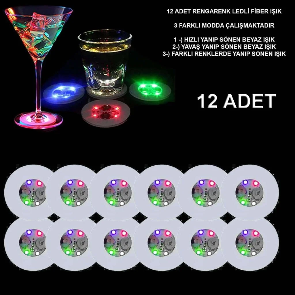 İthalat® Renkli LED Işıklı Bardak Altlığı - Dekoratif (12 Adet, Pilli)