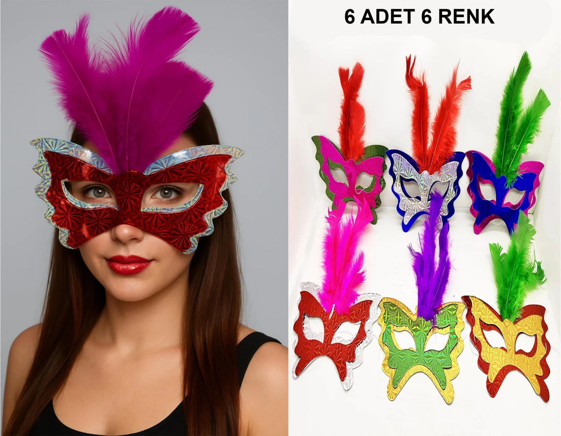 İthalat® Renkli Parti Maskesi 6'lı | Tüylü Karton Maske Seti (Lastikli)
