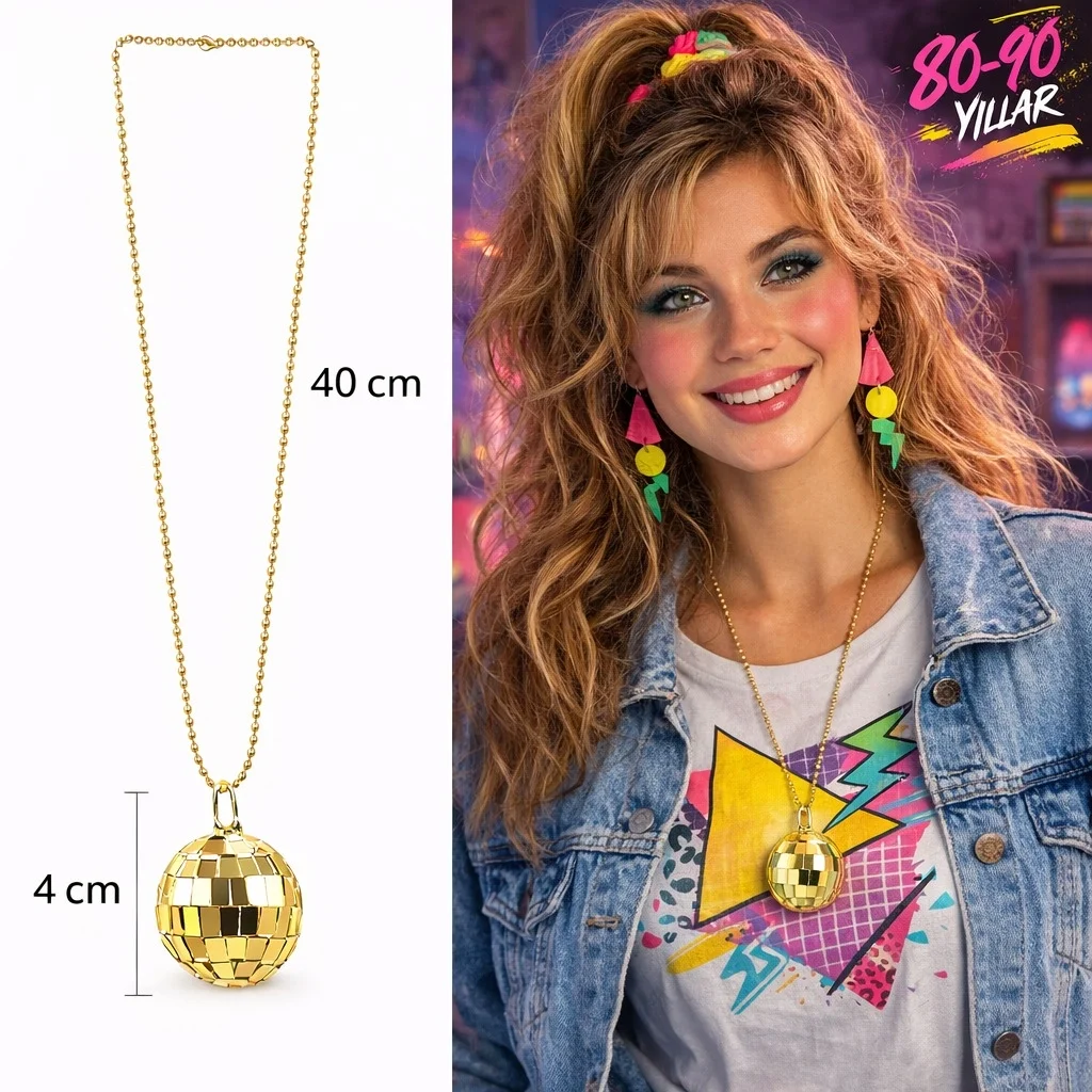 İthalat® Retro Disko Topu Şekilli 80&amp;#39;ler 90&amp;#39;lar Altın Renk Plastik Kolye