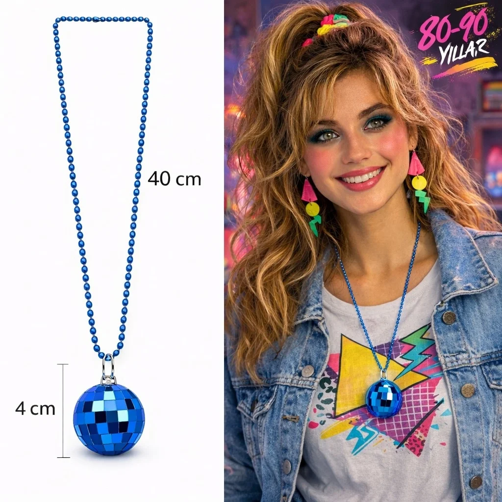 İthalat® Retro Disko Topu Şekilli 80'ler 90'lar Mavi Renk Plastik Kolye