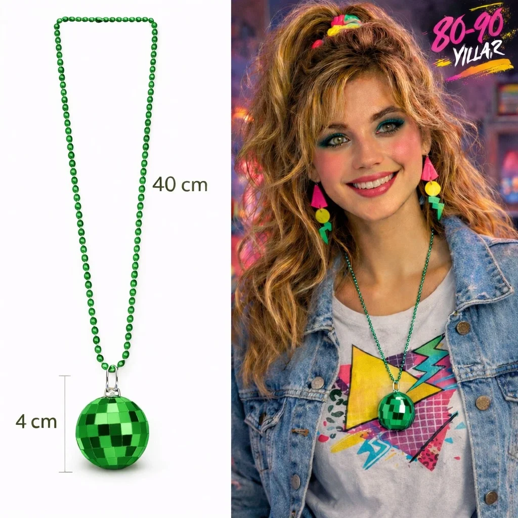 İthalat® Retro Disko Topu Şekilli 80'ler 90'lar Yeşil Renk Plastik Kolye İthalat® Retro Disko Topu Şekilli 80'ler 90'lar Yeşil Renk Plastik Kolye