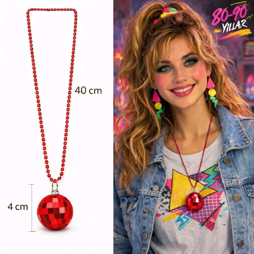 İthalat® Retro Disko Topu Şekilli 80'ler 90'lar Kırmızı Renk Plastik Kolye İthalat® Retro Disko Topu Şekilli 80'ler 90'lar Kırmızı Renk Plastik Kolye