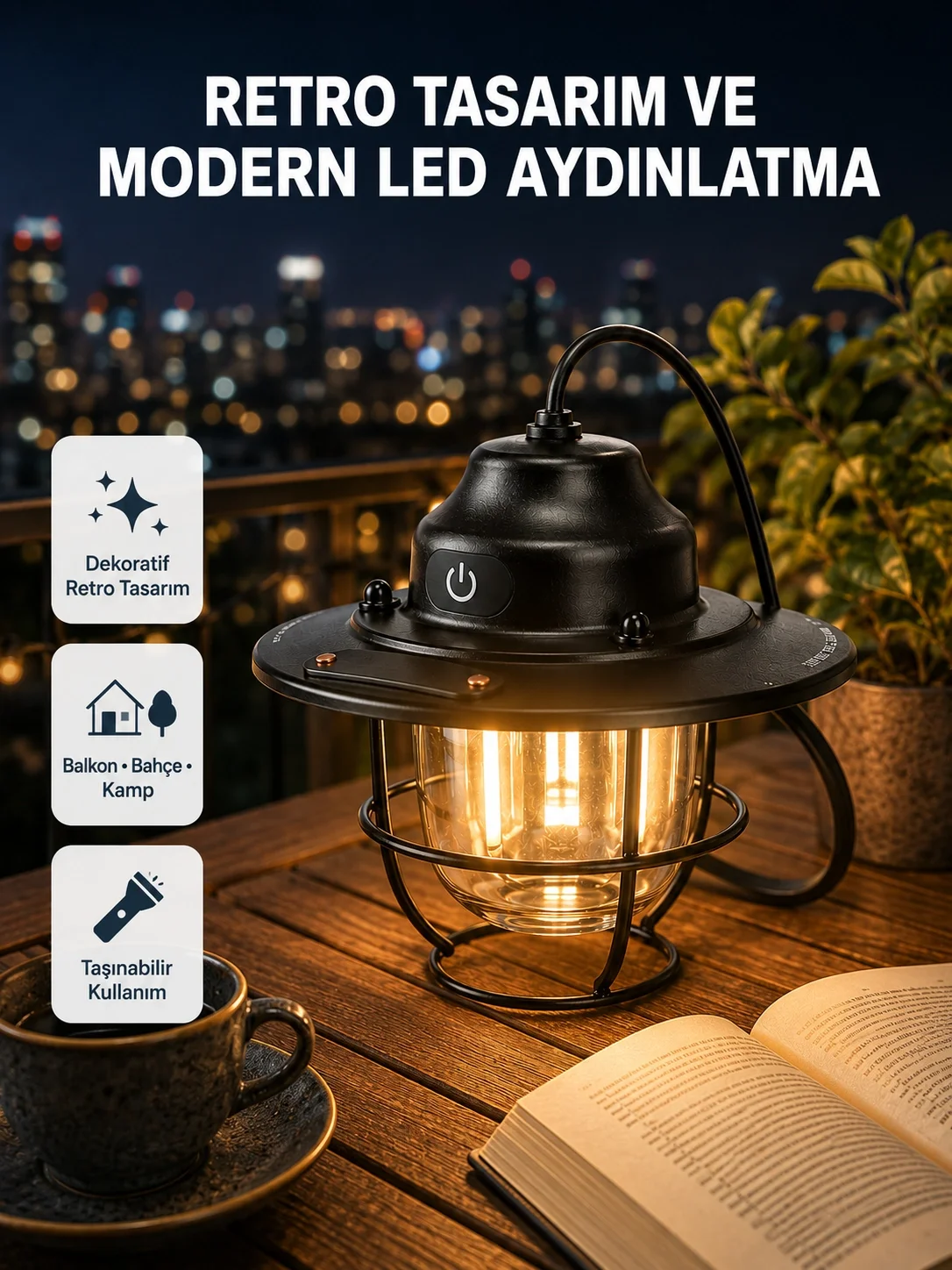 İthalat® Retro Kamp Lambası Su Geçirmez Taşınabilir Gece Işığı Uzun Pil Ömürlü