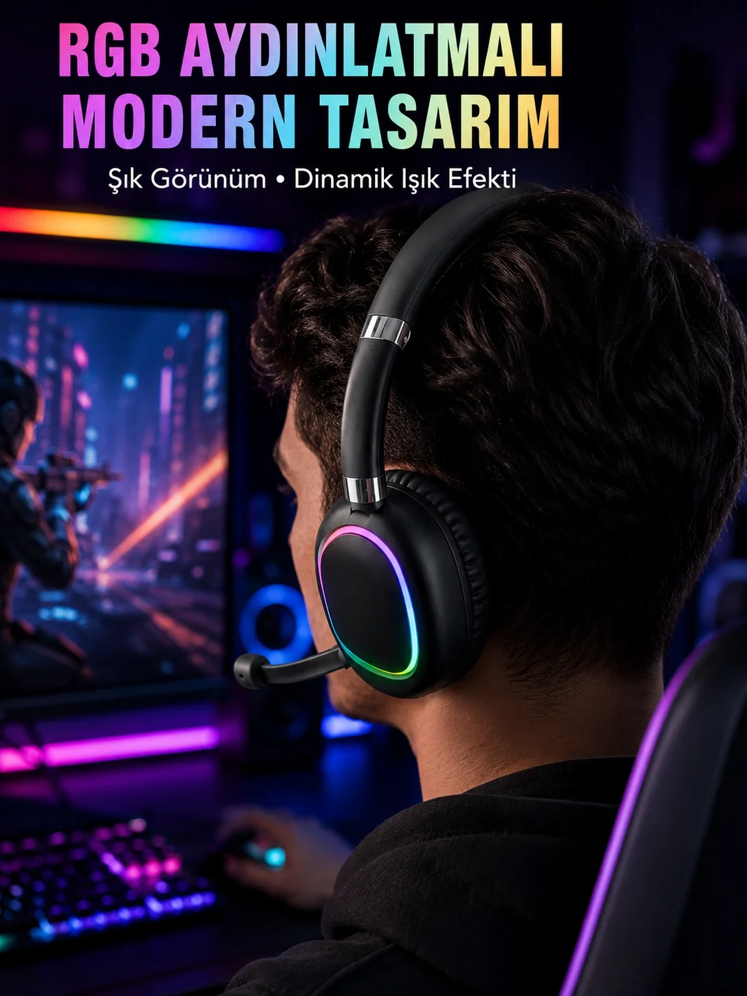 İthalat® RGB Işıklı Bluetooth Mikrofonlu Kulaklık Uzun Süreli Kullanım Type-C Şarjlı