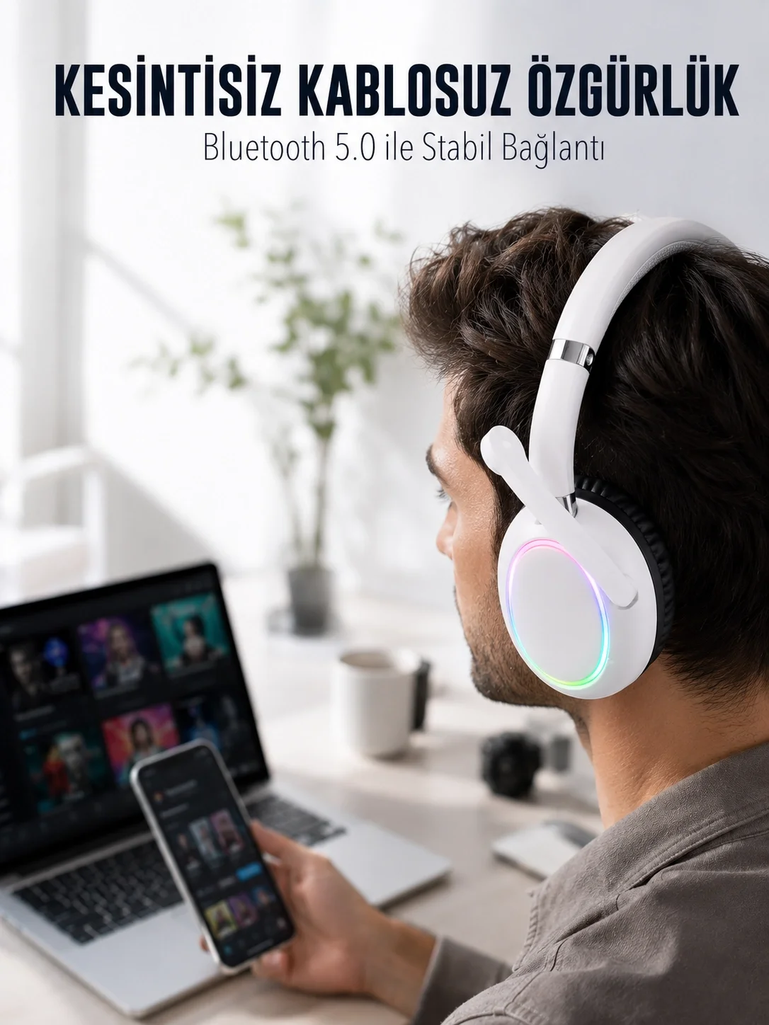 İthalat® RGB Işıklı Mikrofonlu Bluetooth Kulaklık Beyaz Over-Ear Tasarım Type-C Şarjlı