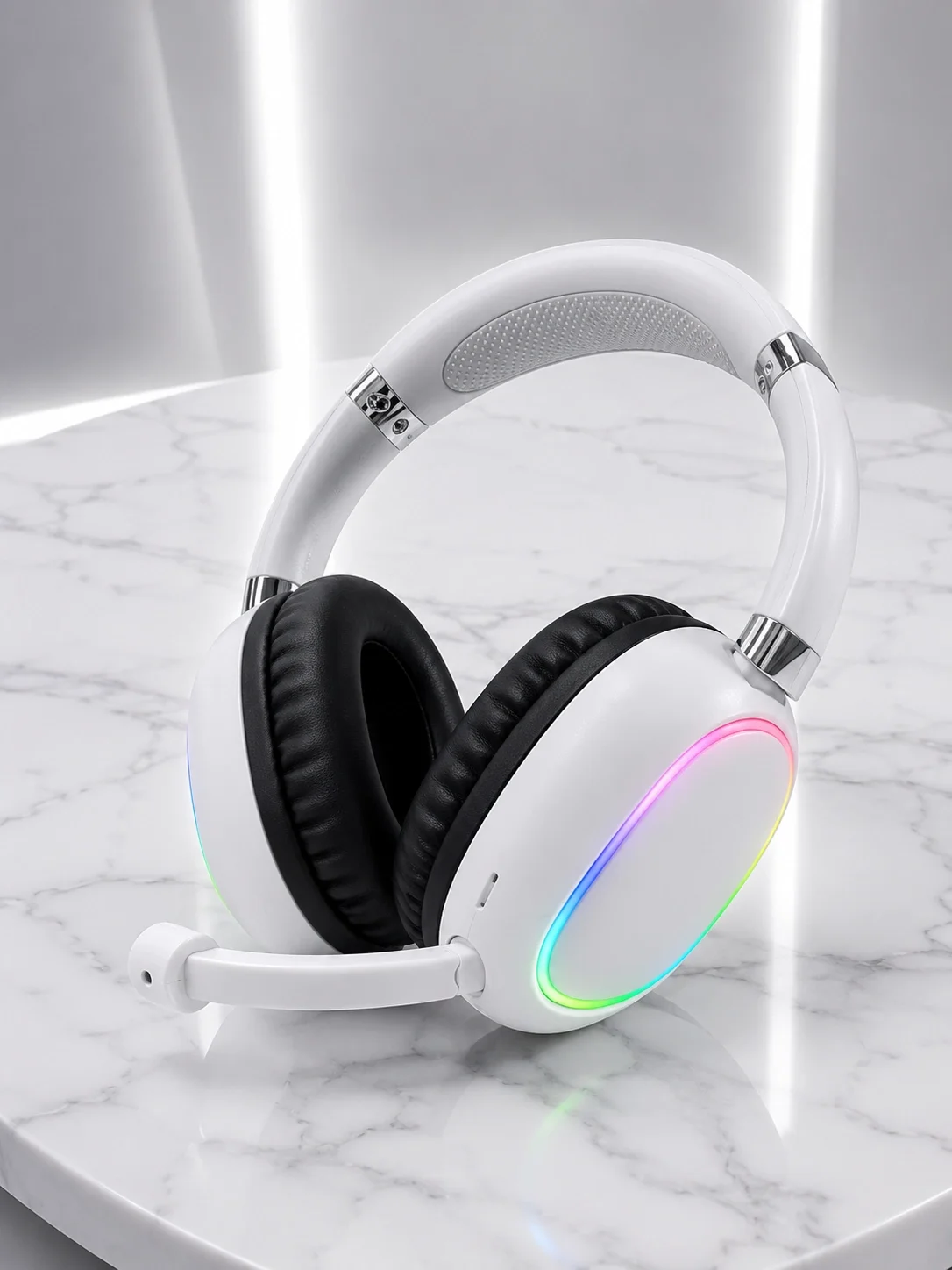 İthalat® RGB Işıklı Mikrofonlu Bluetooth Kulaklık Beyaz Over-Ear Tasarım Type-C Şarjlı