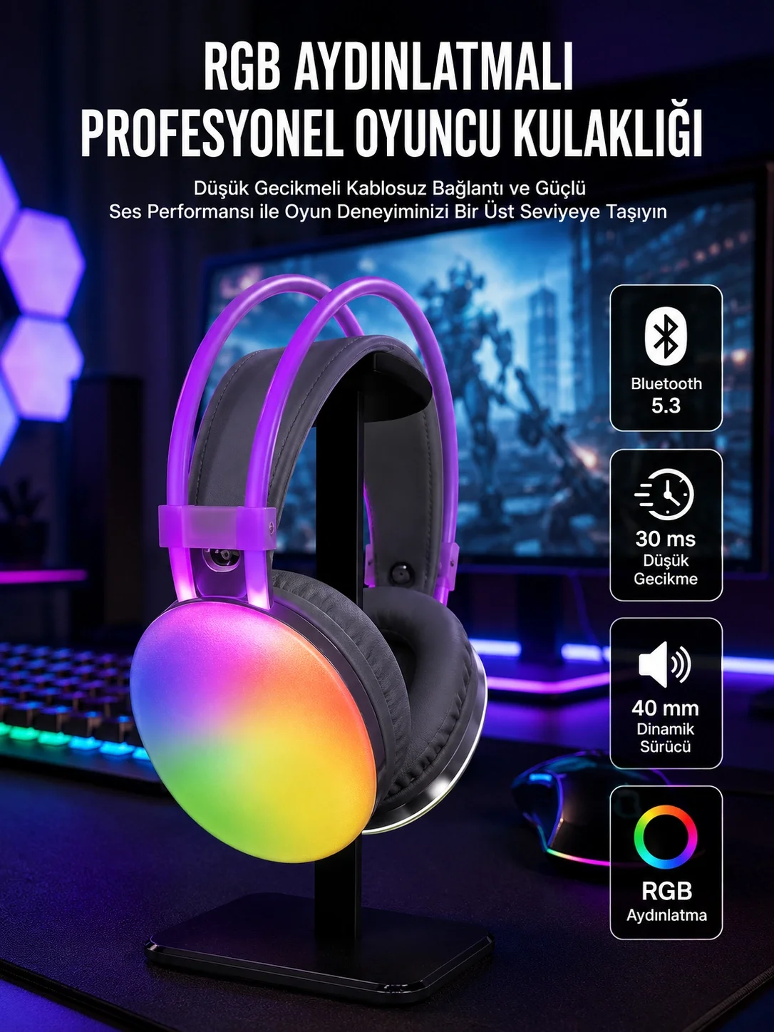İthalat® RGB Işıklı Yüksek Ses Kaliteli Kablosuz Kulak Üstü Bluetooth Kulaklık