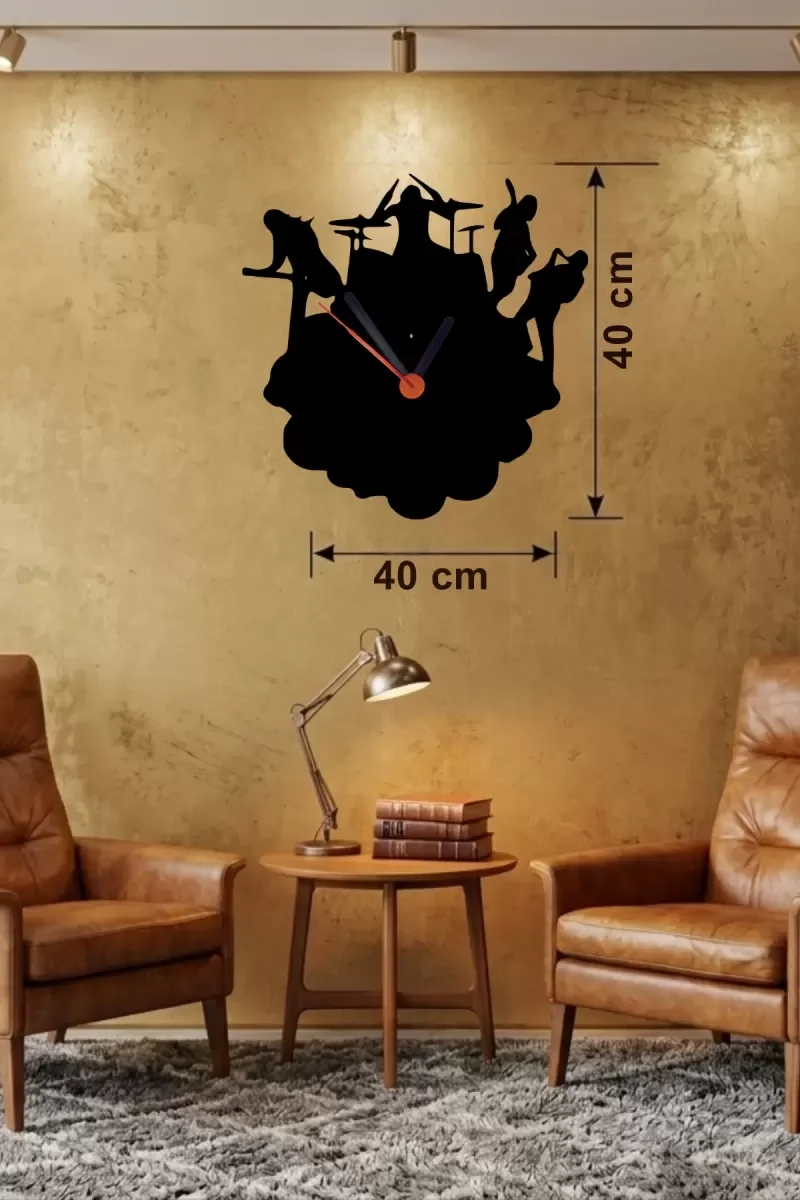 İthalat® Rock Band ve Müzik Temalı Ahşap Duvar Saati - 40x40 cm Lazer Kesim İthalat® Rock Band ve Müzik Temalı Ahşap Duvar Saati - 40x40 cm Lazer Kesim