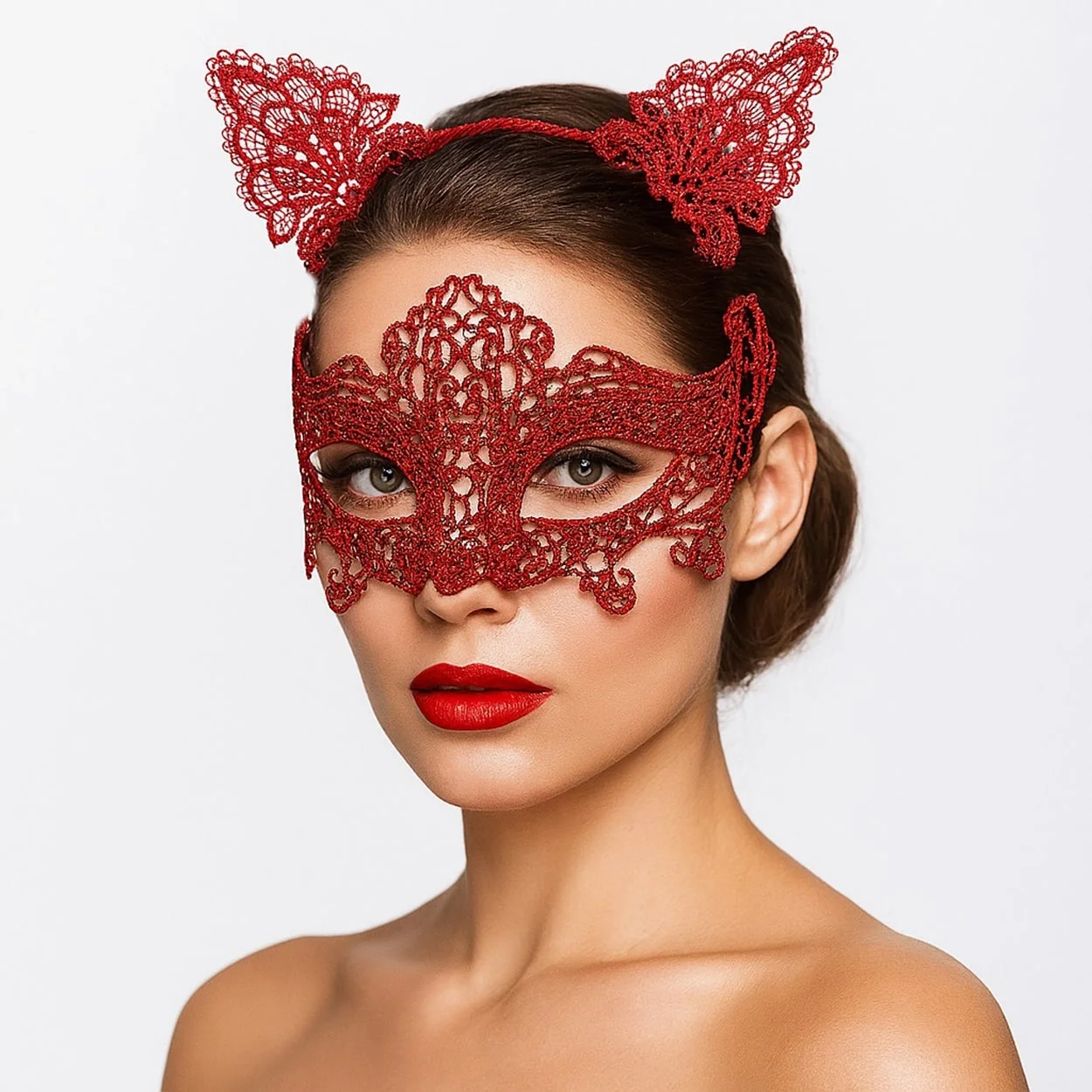 İthalat® Romantik Kırmızı Dantel Maske Seti – Kedi Kulaklı Taç ve Maske 3 No İthalat® Romantik Kırmızı Dantel Maske Seti – Kedi Kulaklı Taç ve Maske 3 No