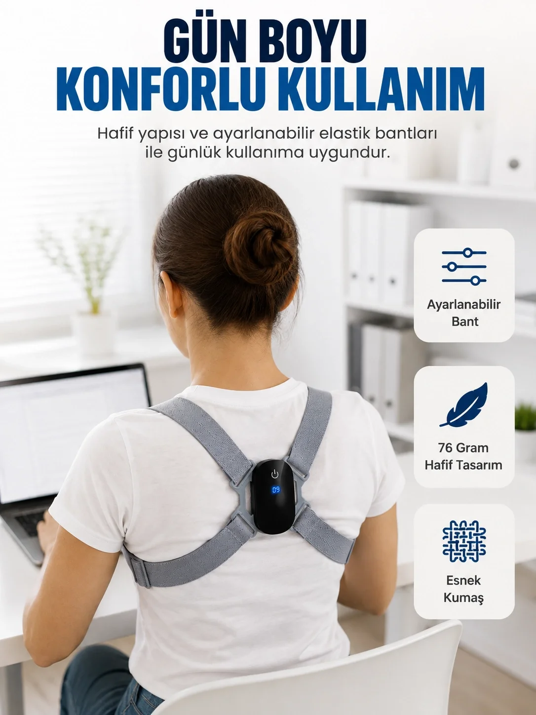 İthalat® Şarjlı Akıllı Dik Duruş Destek Aparatı Ayarlanabilir Omuz Bandı