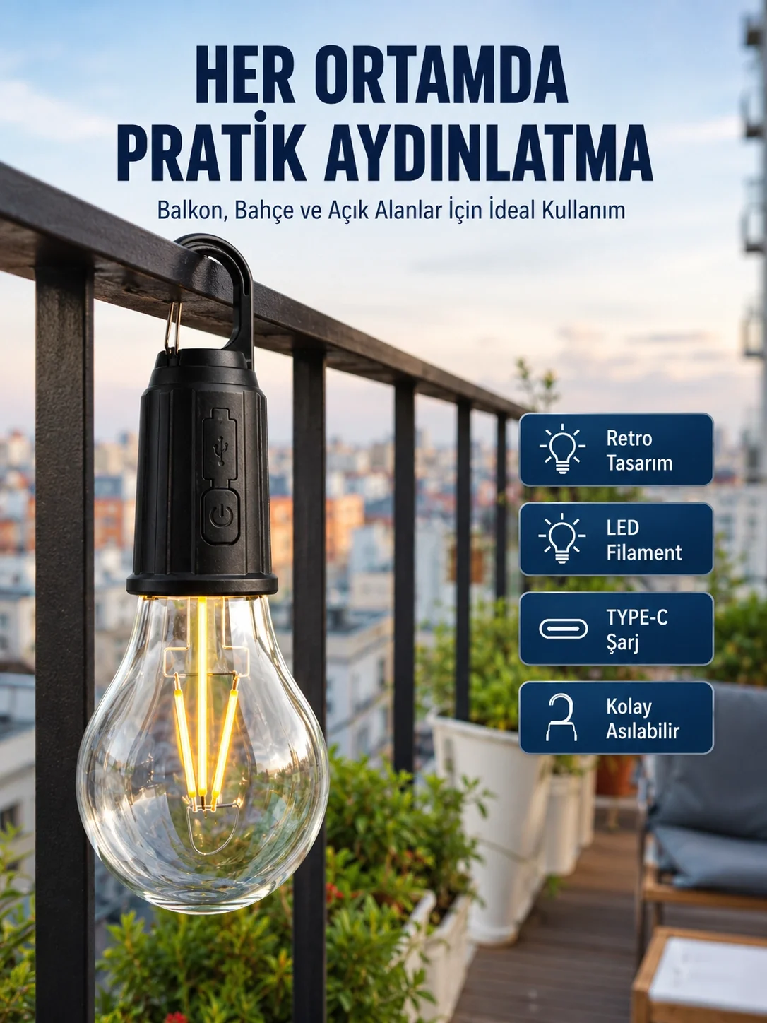 İthalat® Şarjlı Dekoratif Kamp Lambası Askılı Ampul Led Işık Type-C Girişli
