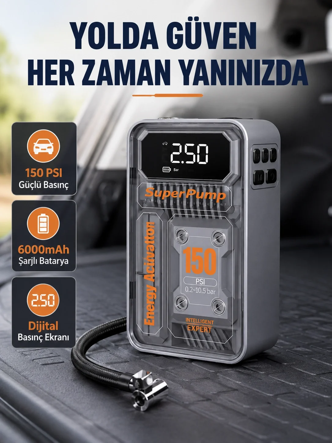 İthalat® Şarjlı Kablosuz Hava Pompası – 150 PSI Basınç, LED Ekran ve 6000mAh Batarya