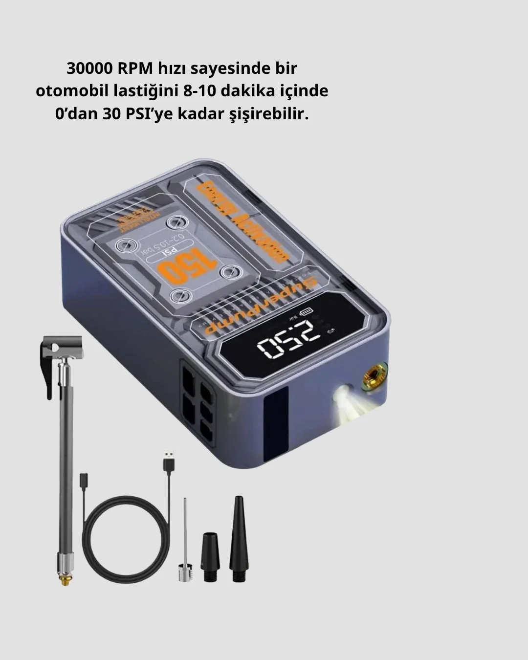 İthalat® Şarjlı Kablosuz Hava Pompası – 150 PSI Basınç, LED Ekran ve 6000mAh Batarya
