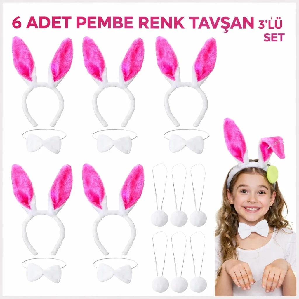 İthalat® Şeker Pembesi Tavşan Sahne Seti 6&amp;#39;lı Set Taç Papyon Kuyruk