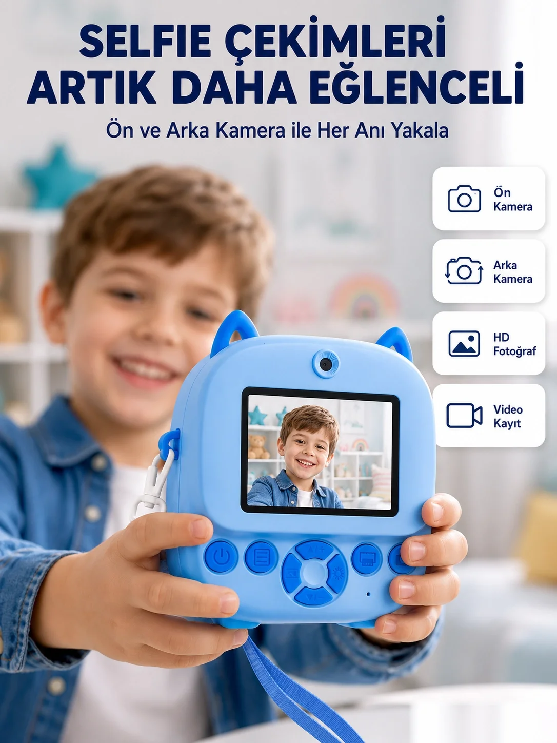 İthalat® Selfie Özellikli Çocuk Fotoğraf Makinesi Mürekkepsiz Termal Baskı Teknolojisi