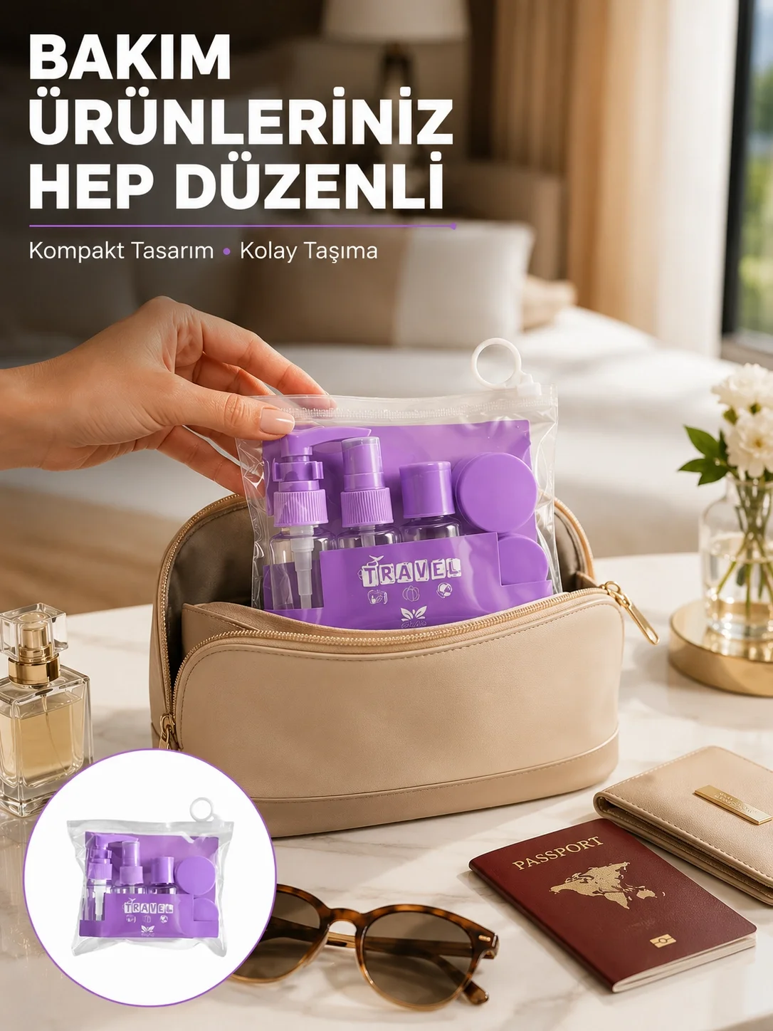 İthalat® Seyahat Bakım Seti 5 Parça Sızdırmaz Şeffaf Kapaklı 30ml Yeni Nesil