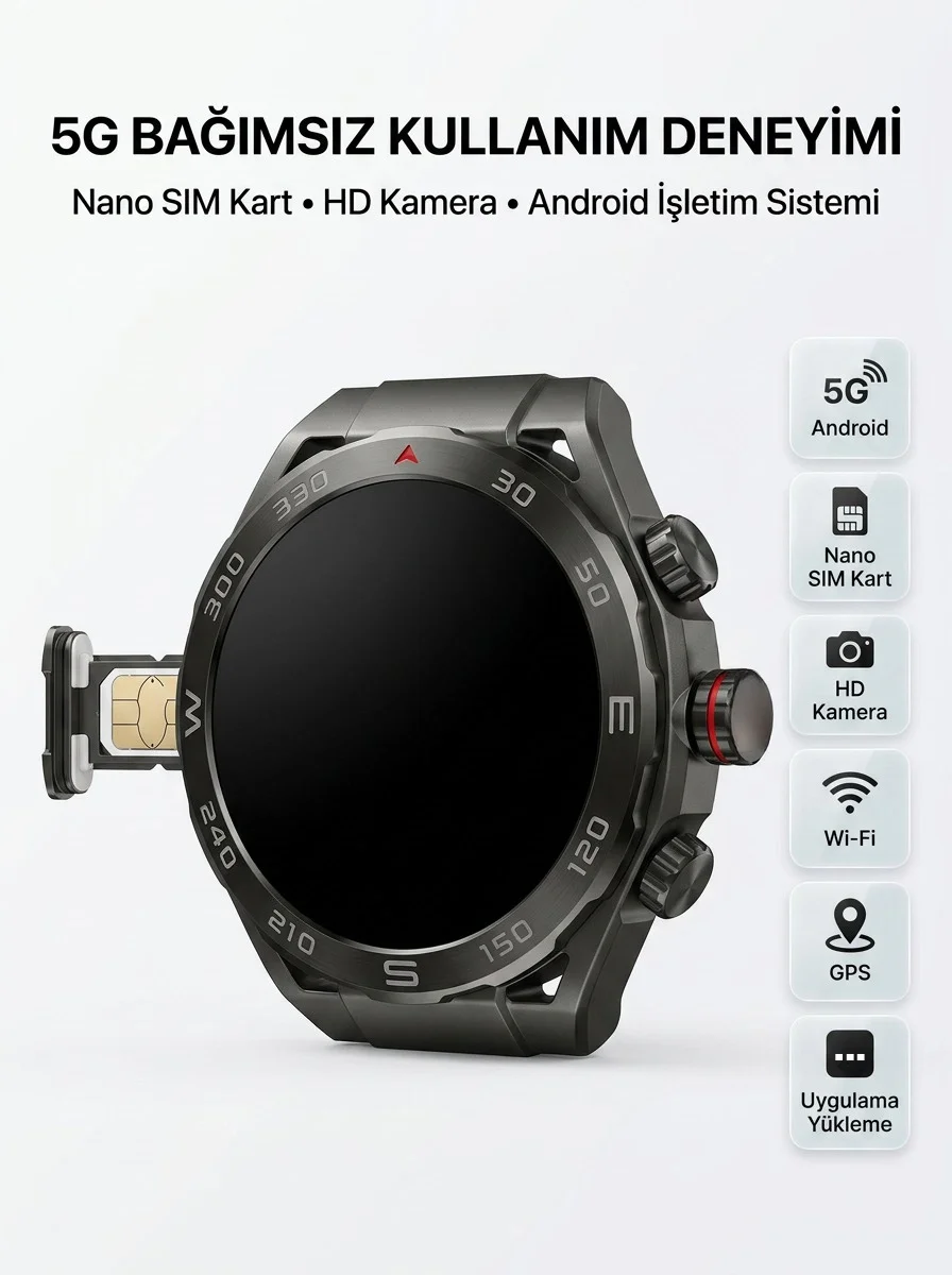 İthalat® SIM Kartlı 5G Android Akıllı Saat HD Kamera Wi-Fi GPS Uygulama Yükleyebilen
