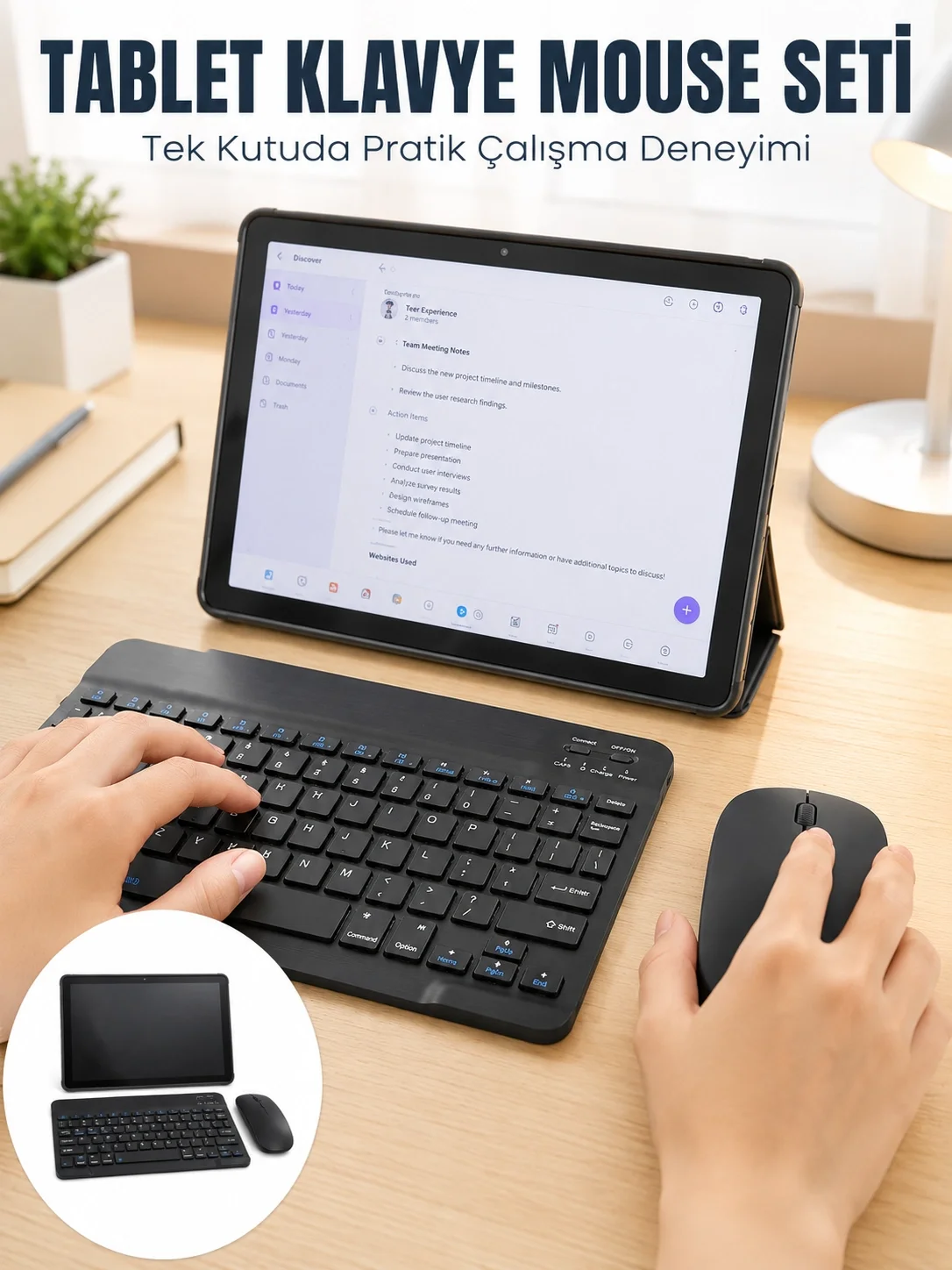İthalat® SIM Kartlı Android Tablet Bluetooth Klavye Kablosuz Mouse Geniş Ekran ve Taşınabilir Kullanım Seti