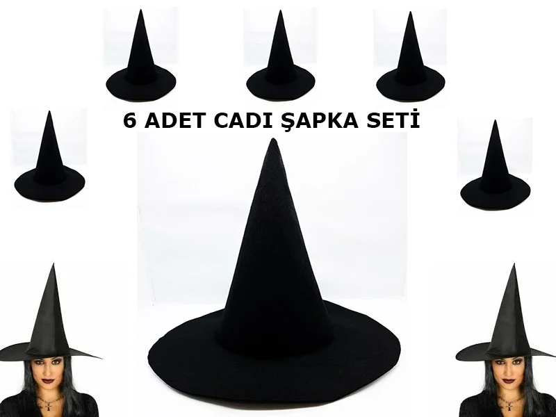 İthalat® Siyah Cadı Şapkası Keçe Yetişkin Boy 6 Adet