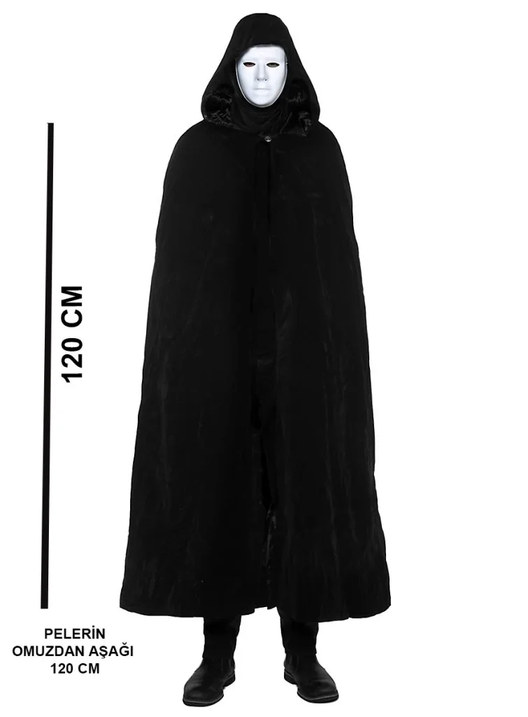 İthalat® Siyah Kapüşonlu 120 cm Pelerin ve Beyaz Boyanabilir Tam Yüz Maske