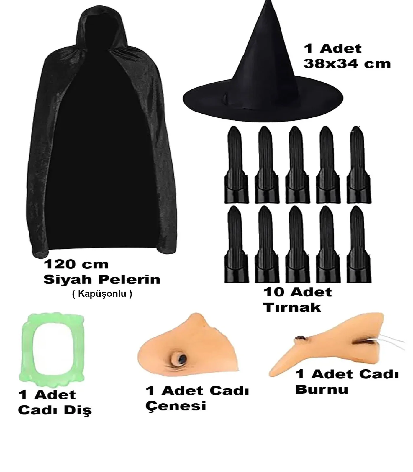 İthalat® Siyah Kapüşonlu Pelerin 120 cm Tırnaklar Diş Çene Burun ve Şapka Seti İthalat® Siyah Kapüşonlu Pelerin 120 cm Tırnaklar Diş Çene Burun ve Şapka Seti