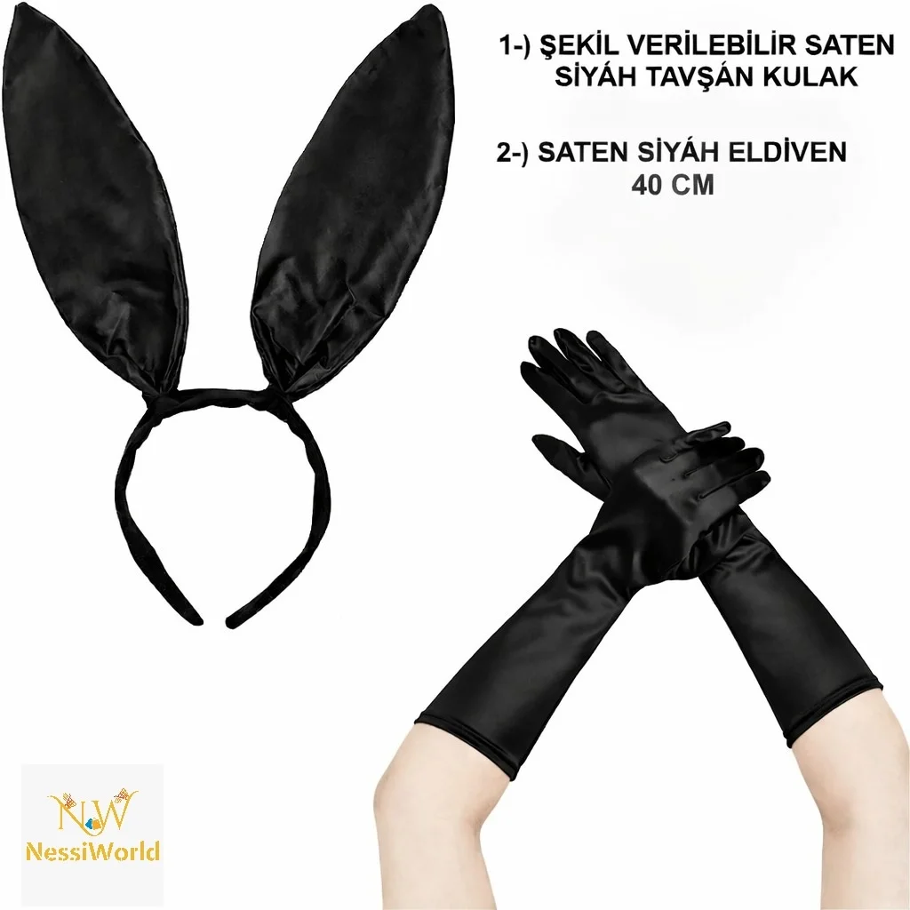 İthalat® Siyah Parlak Tavşan Kulak ve 40 cm Parlak Siyah Eldiven Kostüm Seti