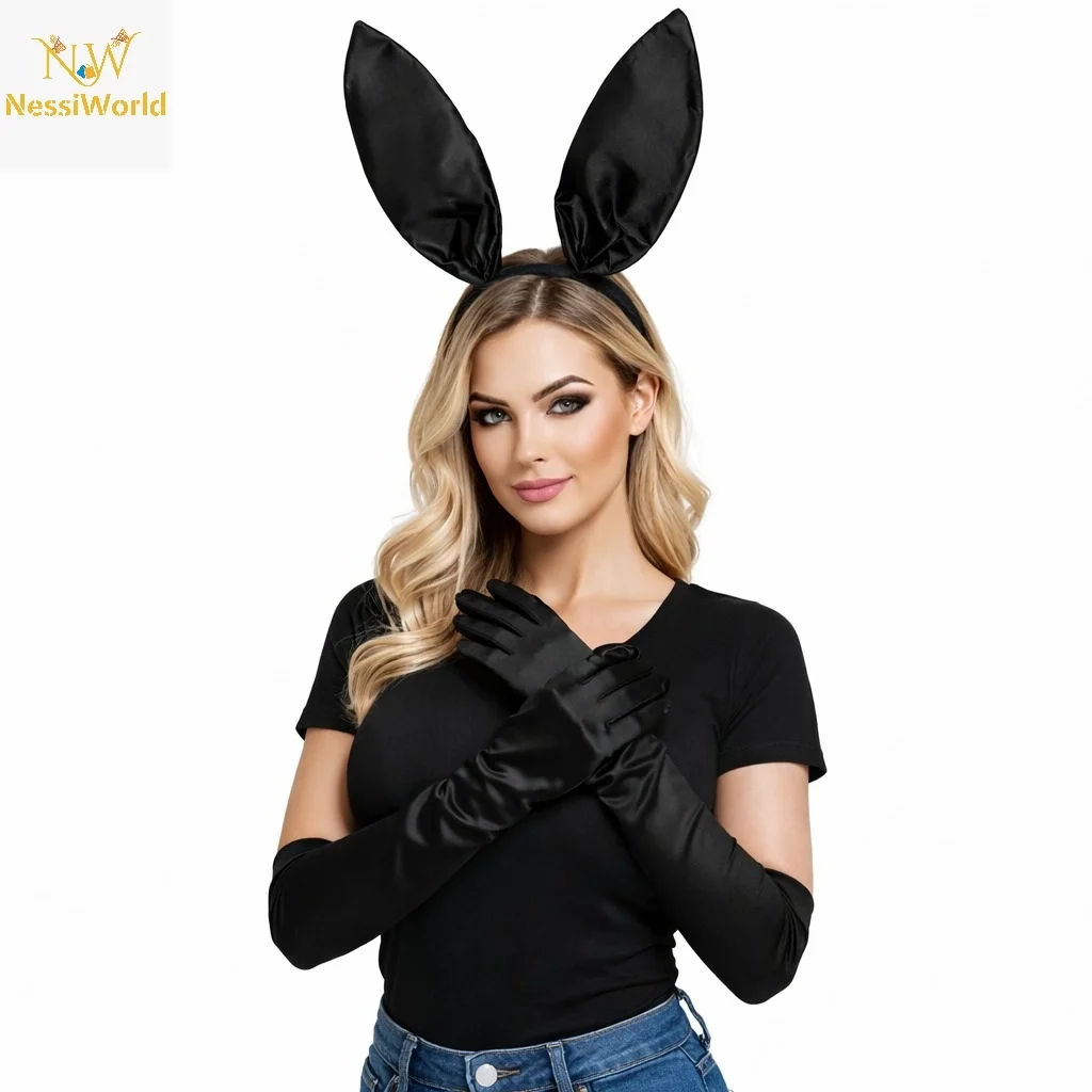 İthalat® Siyah Parlak Tavşan Kulak ve 40 cm Parlak Siyah Eldiven Kostüm Seti