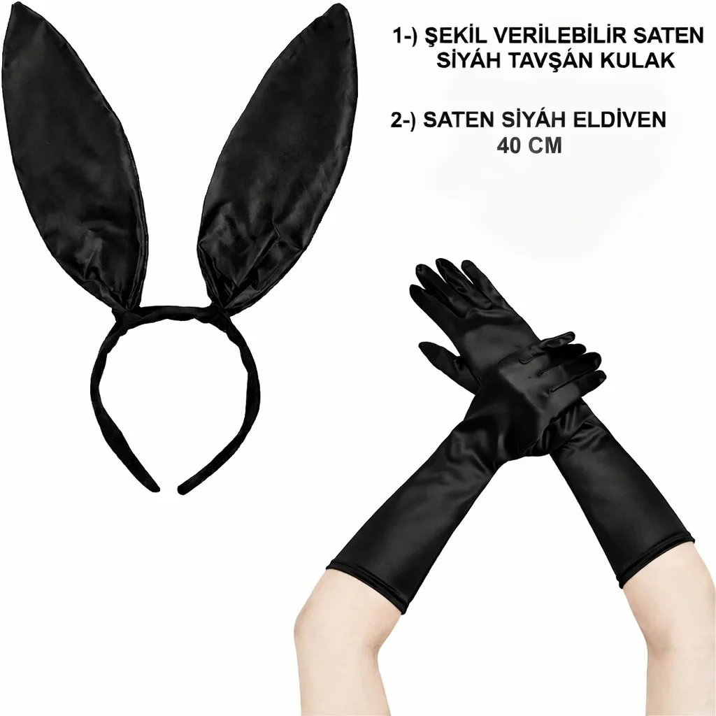 İthalat® Siyah Parlak Tavşan Kulak ve 40 cm Parlak Siyah Eldiven Kostüm Seti İthalat® Siyah Parlak Tavşan Kulak ve 40 cm Parlak Siyah Eldiven Kostüm Seti