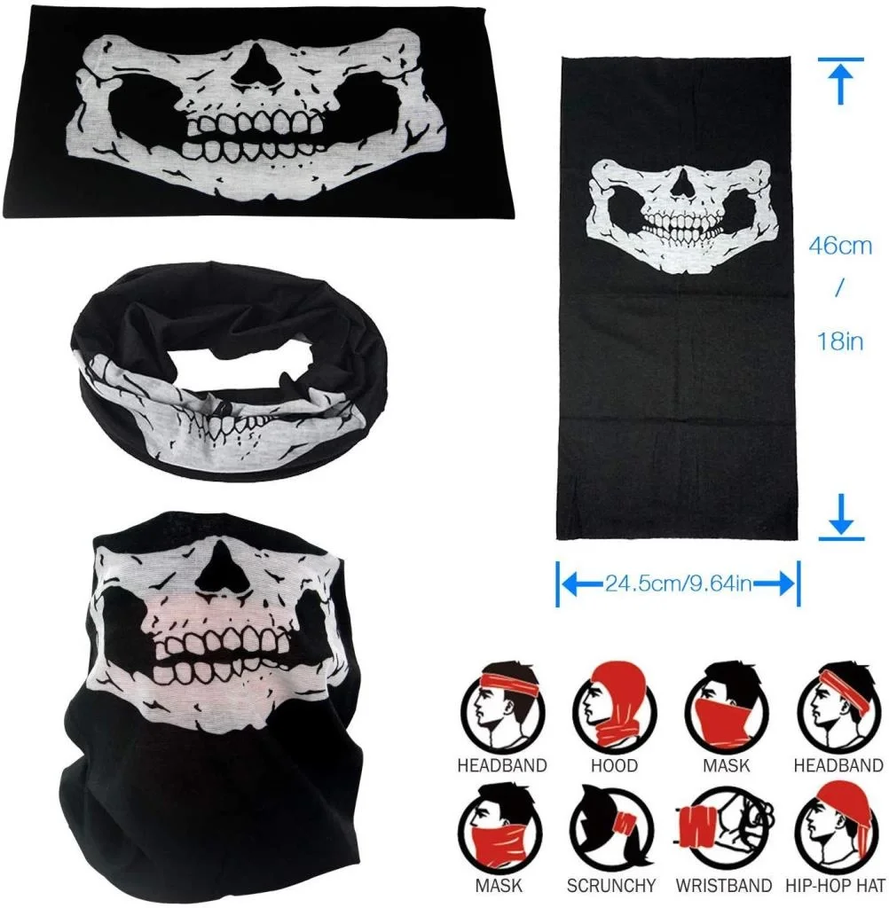 İthalat®  Siyah Renk Dikişsiz Çok Fonksiyonlu Çene Kafatası Yüz Maskesi Baf Buff Bandana Boyunluk Bileklik
