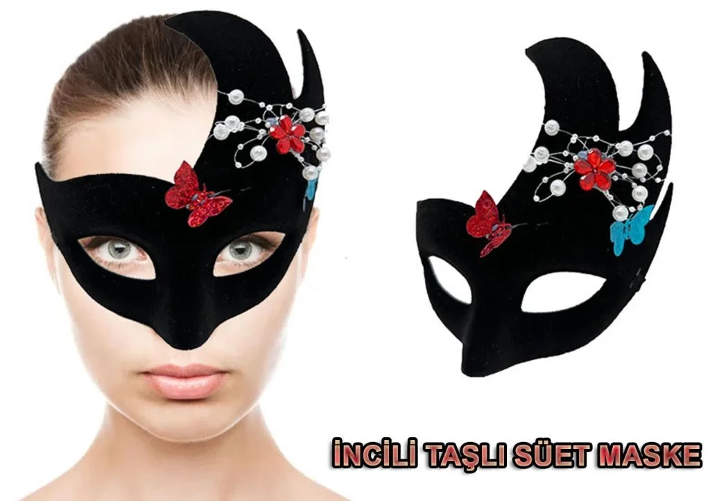 İthalat® Siyah Renk İncili Taşlı Süet Kaplama Venedik Parti Maskesi 20x22 cm
