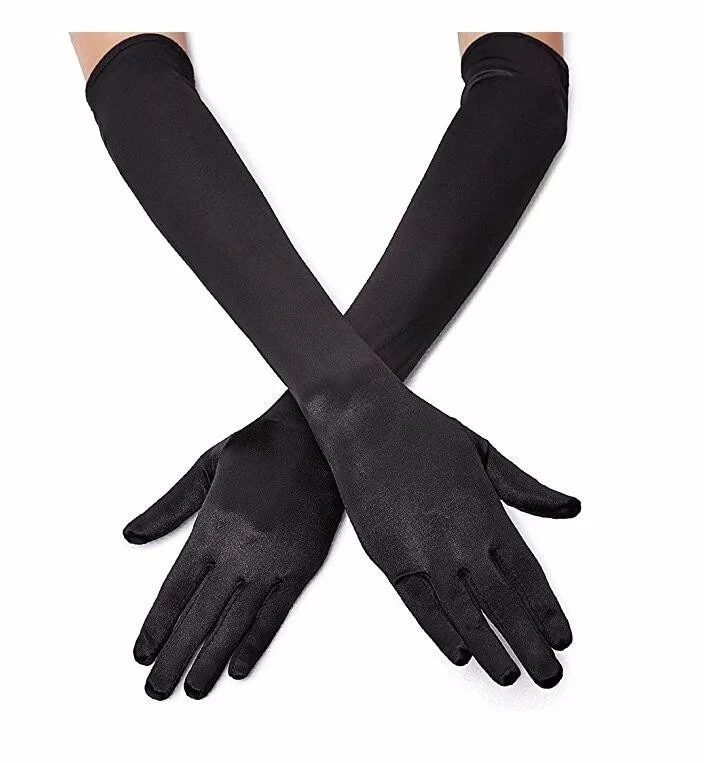 İthalat® Siyah Renk Likralı Dirseğe Kadar Uzun Kumaş Eldiven 40 cm