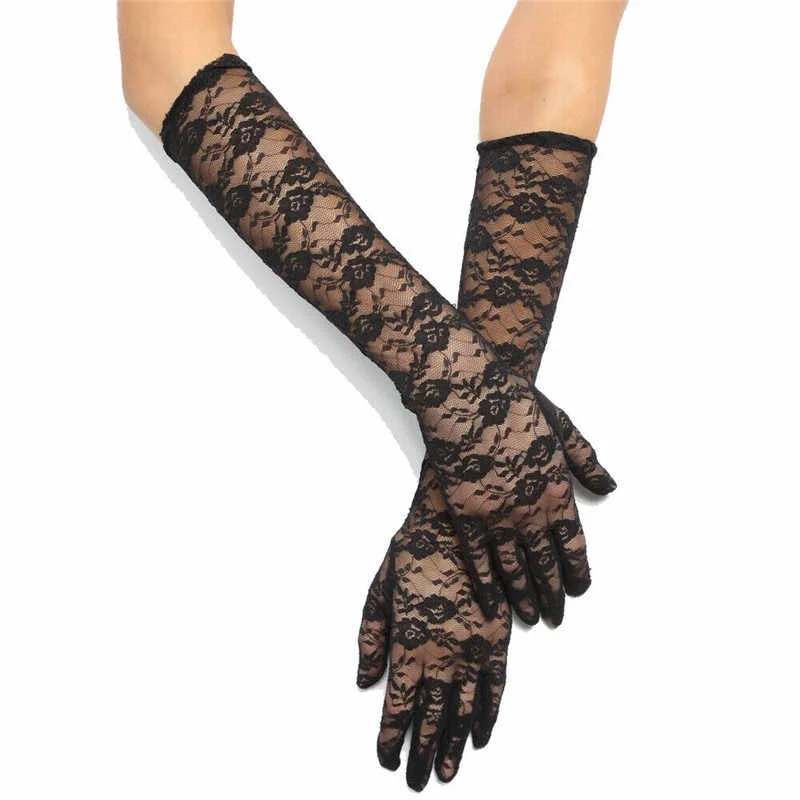 İthalat® Siyah Renk Orta Boy Dantelli Eldiven Uzun Model