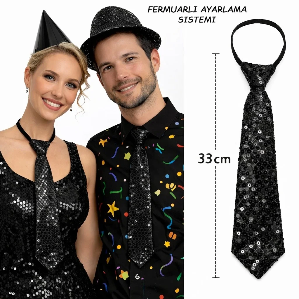 İthalat® Siyah Renk Pul Payetli Işıltılı Parti Kravatı 33 cm