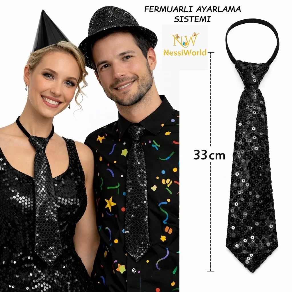 İthalat® Siyah Renk Pul Payetli Işıltılı Parti Kravatı 33 cm