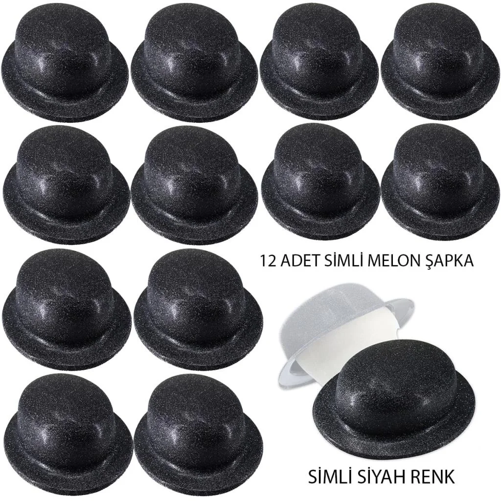 İthalat® Siyah Renk Simli Melon Yuvarlak Parti Şapkası 12 Adet