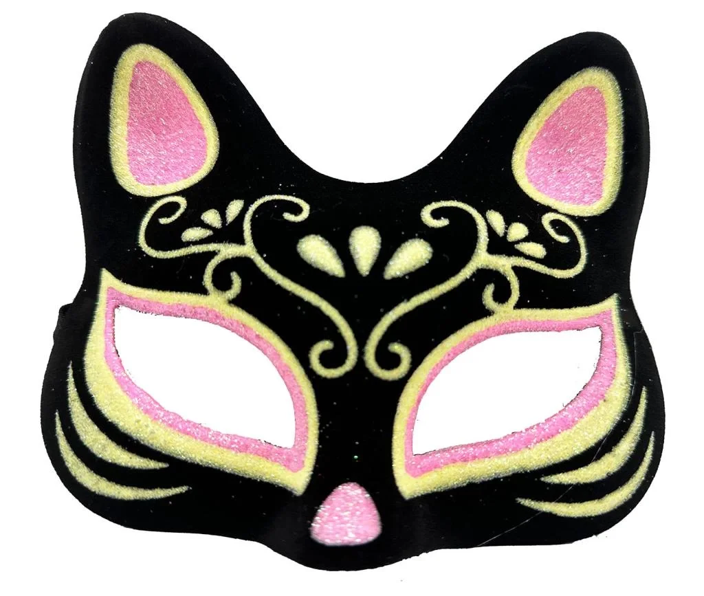 İthalat® Siyah Renk Süet Kaplama Üzeri Pembe Sarı Simli Kedi Maskesi 17x14 cm