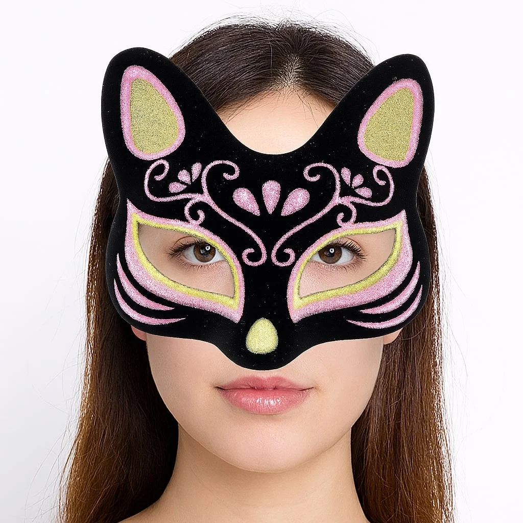 İthalat® Siyah Renk Süet Kaplama Üzeri Sarı Pembe Simli Kedi Maskesi 17x14 cm